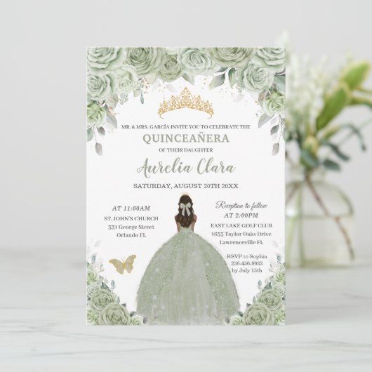 Sage Green Floral Tan Brown Princess Quinceañera Kaart (Staand voorkant)