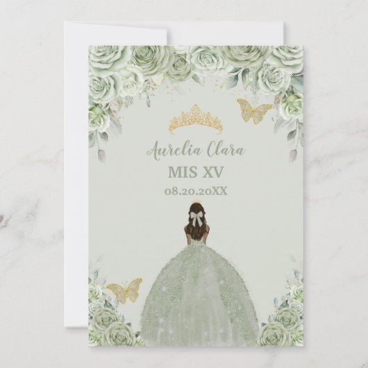 Sage Green Floral Tan Brown Princess Quinceañera Kaart (Achterkant)
