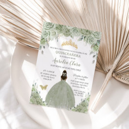 Sage Green Floral Tan Brown Princess Quinceañera Kaart