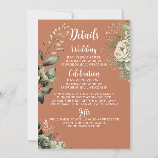 Sage Green & Floral Terracotta Wedding Invitation Kaart (Achterkant)