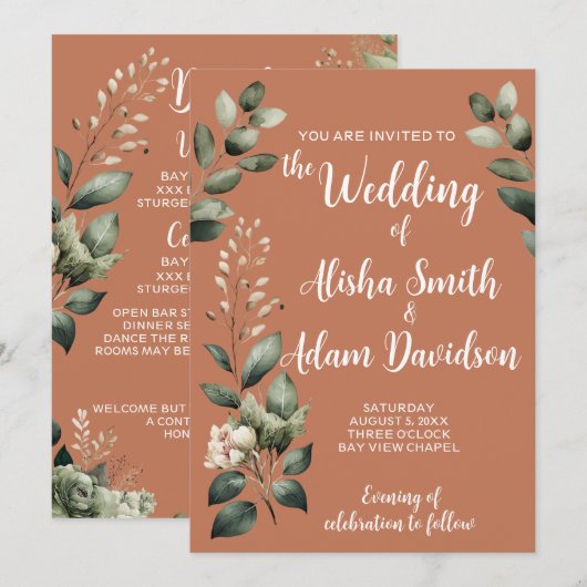 Sage Green & Floral Terracotta Wedding Invitation Kaart (Voorkant / Achterkant)