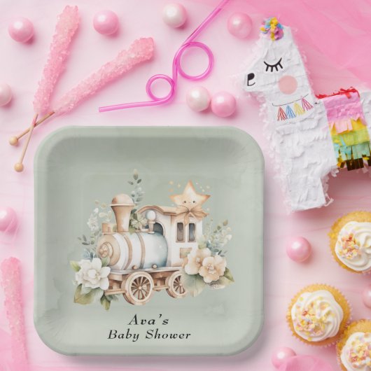 Sage Green Floral Train Boy Baby shower Papieren Bordje (Feest)