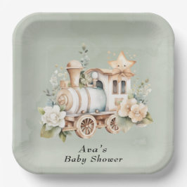 Sage Green Floral Train Boy Baby shower Papieren Bordje