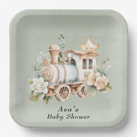 Sage Green Floral Train Boy Baby shower Papieren Bordje (Voorkant)