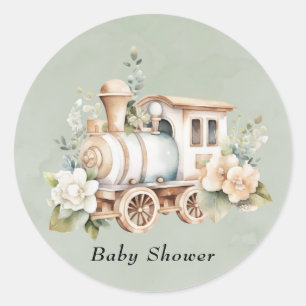 Sage Green Floral Train Boy Baby shower Ronde Sticker