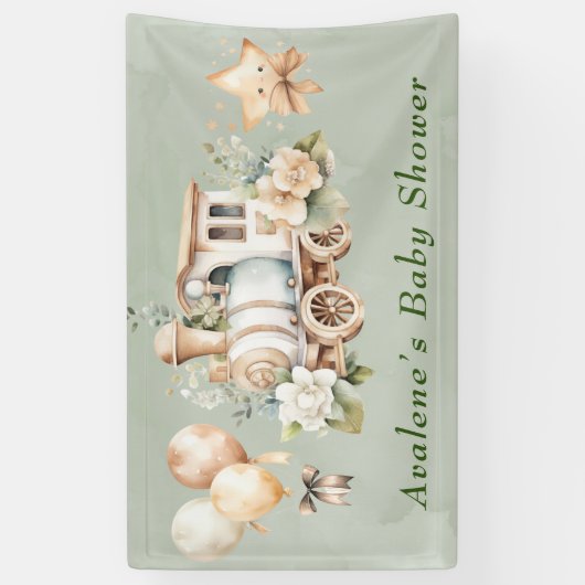 Sage Green Floral Train Boy Baby shower Spandoek (Verticaal)