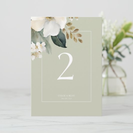 Sage Green Floral Watercolor Wedding Table Number (Staand voorkant)
