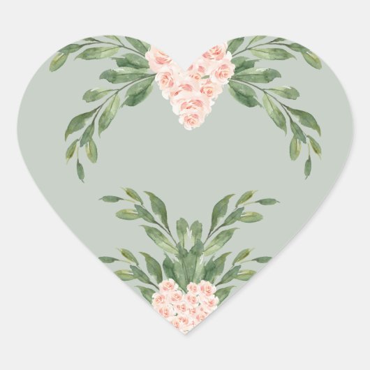 Sage Green Floral Waterverf Romantic Wedding Hart Sticker (Voorkant)