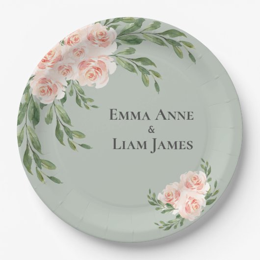 Sage Green Floral Waterverf Romantic Wedding Papieren Bordje (Voorkant)