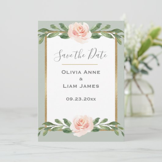 Sage Green Floral Waterverf Romantic Wedding Save The Date (Staand voorkant)