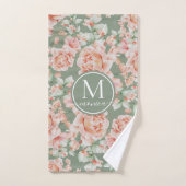 Sage Green Floral Waterverf Roos Pattern Monogram Bad Handdoek (Handdoek)