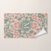 Sage Green Floral Waterverf Roos Pattern Monogram Bad Handdoek (Handdoek)
