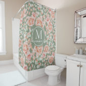 Sage Green Floral Waterverf Roos Pattern Monogram Douchegordijn (In situ)