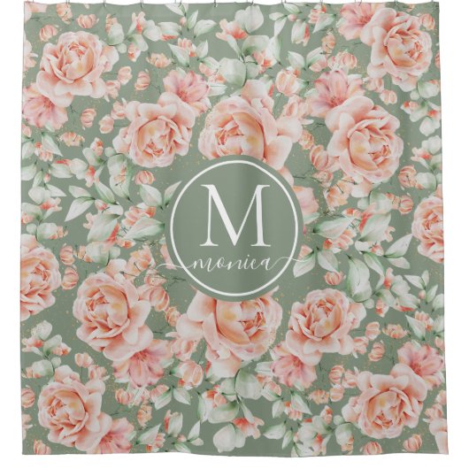Sage Green Floral Waterverf Roos Pattern Monogram Douchegordijn (Voorkant)