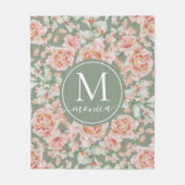 Sage Green Floral Waterverf Roos Pattern Monogram Fleece Deken (Voorkant)