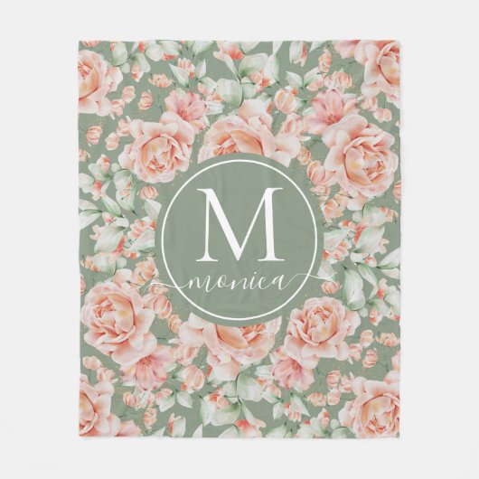 Sage Green Floral Waterverf Roos Pattern Monogram Fleece Deken (Voorkant)