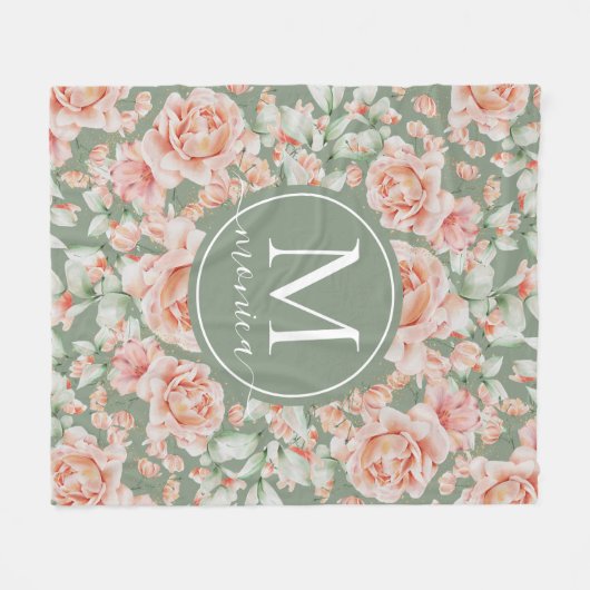 Sage Green Floral Waterverf Roos Pattern Monogram Fleece Deken (Voorkant (Horizontaal))