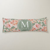 Sage Green Floral Waterverf Roos Pattern Monogram Lichaamskussen (Achterkant)