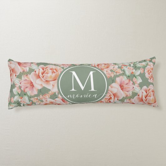 Sage Green Floral Waterverf Roos Pattern Monogram Lichaamskussen (Achterkant)