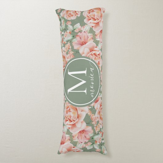 Sage Green Floral Waterverf Roos Pattern Monogram Lichaamskussen (Voorkant Verticaal)