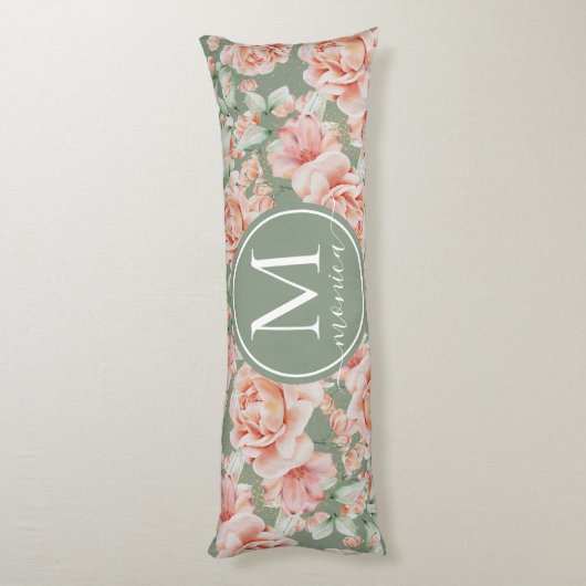 Sage Green Floral Waterverf Roos Pattern Monogram Lichaamskussen (Achterkant (Verticaal))