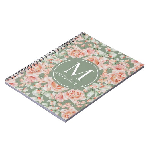 Sage Green Floral Waterverf Roos Pattern Monogram Notitieboek (Linkerzijde)