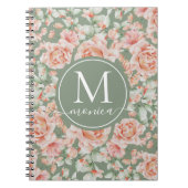Sage Green Floral Waterverf Roos Pattern Monogram Notitieboek (Voorkant)