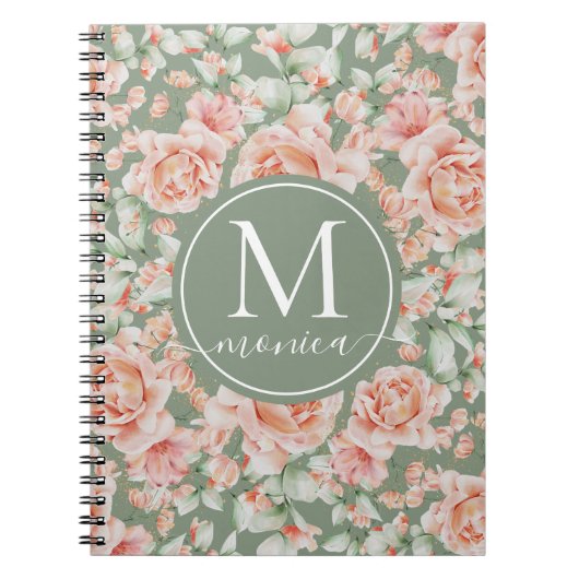 Sage Green Floral Waterverf Roos Pattern Monogram Notitieboek (Voorkant)