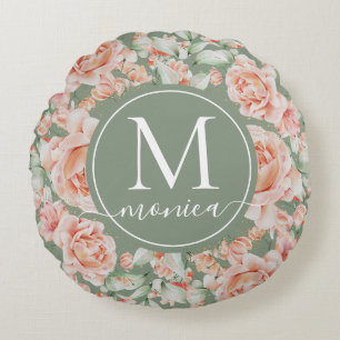 Sage Green Floral Waterverf Roos Pattern Monogram Rond Kussen