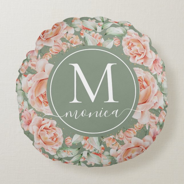 Sage Green Floral Waterverf Roos Pattern Monogram Rond Kussen (Voorkant)