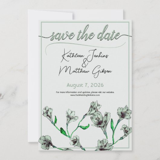 Sage Green Floral Waterverf Wedding Save The Date (Voorkant)