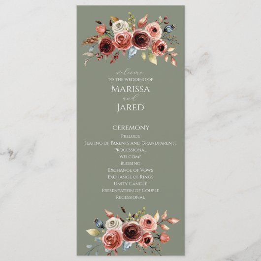 Sage Green Floral Wedding Ceremony Programma Programmakaart (Voorkant)