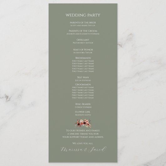Sage Green Floral Wedding Ceremony Programma Programmakaart (Achterkant)