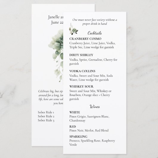 Sage Green Floral Wedding Cocktail and Wine List | Menu (Voorkant / Achterkant)