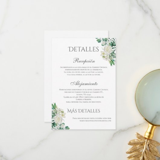 Sage Green Floral Wedding Details in het Spaans Bedankkaart (Voorkant / Achterkant in situ)