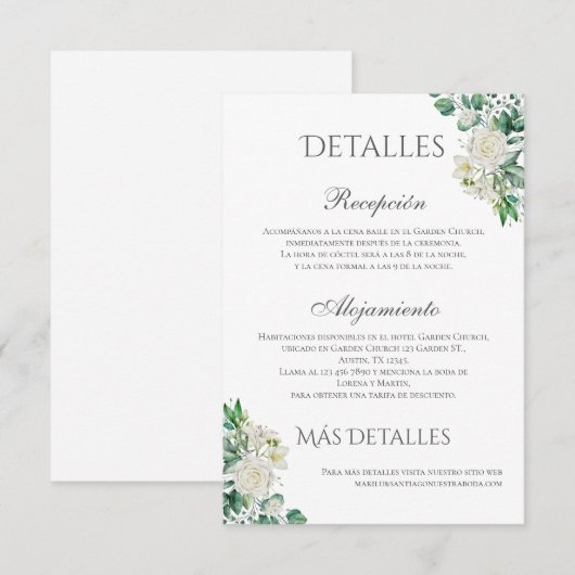 Sage Green Floral Wedding Details in het Spaans Bedankkaart (Voorkant / Achterkant)