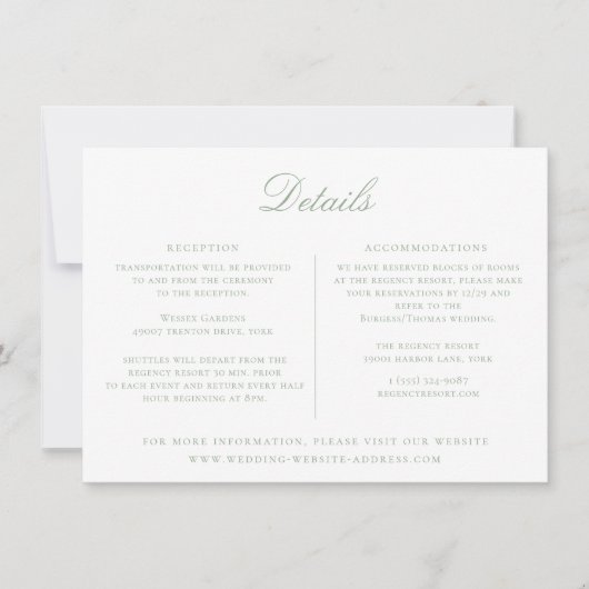 Sage Green Floral Wedding Details Kaart (Voorkant)