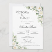 Sage Green Floral wedding invitation in Spanish Kaart (Voorkant)