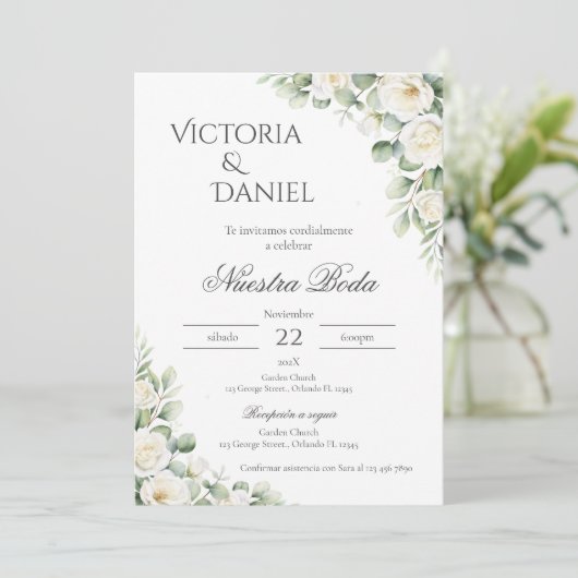 Sage Green Floral wedding invitation in Spanish Kaart (Staand voorkant)