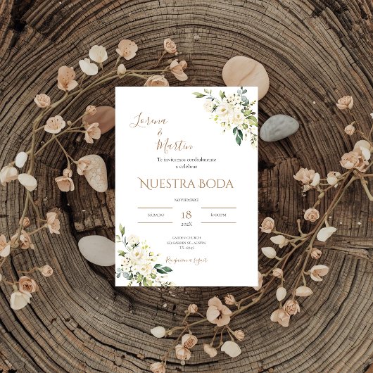 Sage Green Floral wedding invitation in Spanish Kaart