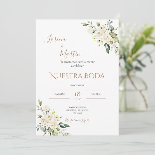 Sage Green Floral wedding invitation in Spanish Kaart (Staand voorkant)