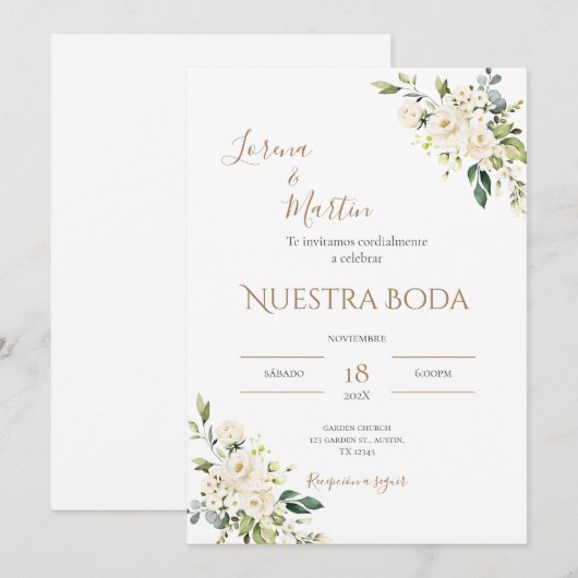 Sage Green Floral wedding invitation in Spanish Kaart (Voorkant / Achterkant)
