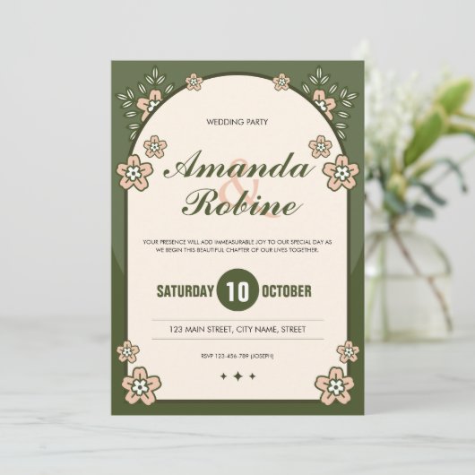 Sage Green Floral Wedding Invitation Kaart (Staand voorkant)