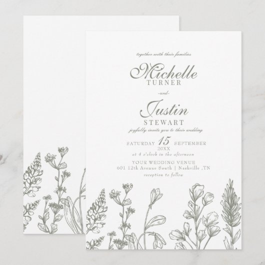 Sage Green Floral Wedding Invitations Kaart (Voorkant / Achterkant)