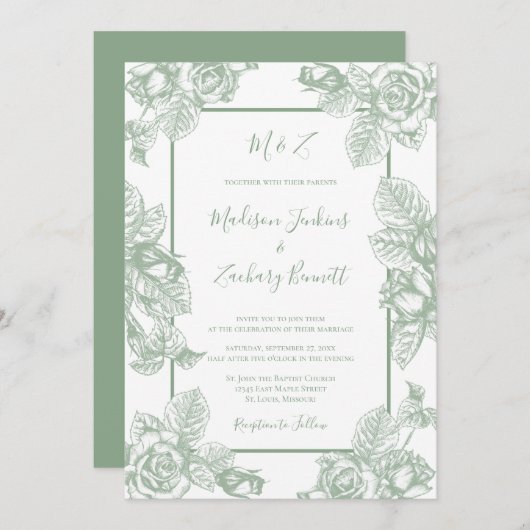 Sage Green Floral Wedding Kaart (Voorkant / Achterkant)