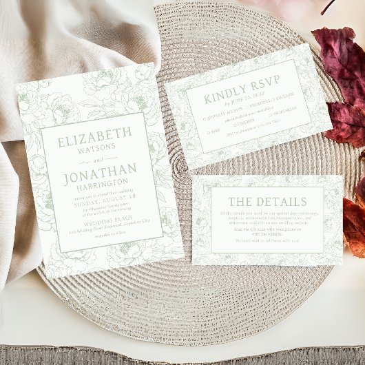 Sage Green Floral Wedding Kaart