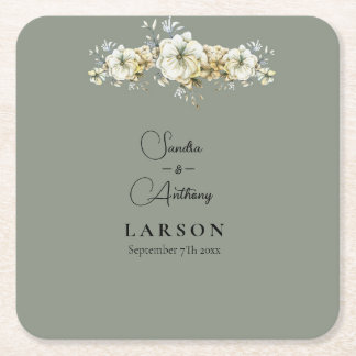 Sage Green Floral Wedding Square Paper Coaster Kartonnen Onderzetters