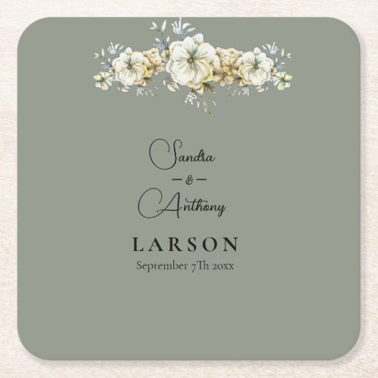 Sage Green Floral Wedding Square Paper Coaster Kartonnen Onderzetters (Voorkant)