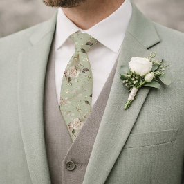 Sage Green Floral Wedding Tie with Vintage Roses Stropdas