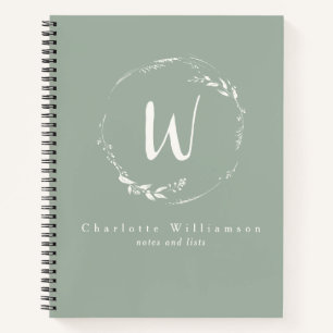 Sage Green Floral Wreath Monogram op persoonlijke  Notitieboek